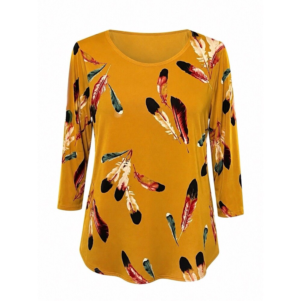 Jostar USA Mustard Feather Print Stretch Tunic Top Women’s Medium Boho